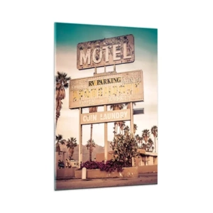 Quadro su vetro - Insegna retrò di un motel circondata da palme - 80x120cm - Qui il tempo si è fermato - Decorazione murale moderna per soggiorno e camera da letto ARTTOR