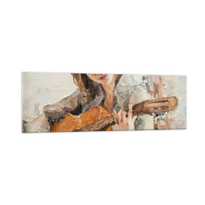 Quadro su vetro - Ritratto di una ragazza che suona la chitarra in stile pittorico con colori caldi. - 160x50cm - Concerto per chitarra e cuore di ragazza - Decorazione murale moderna per soggiorno e camera da letto ARTTOR