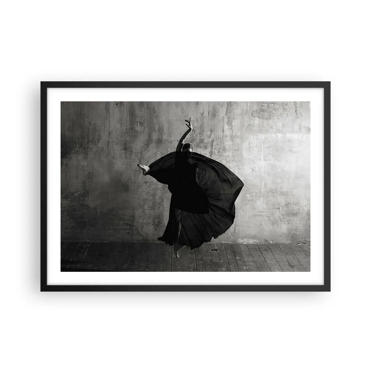 Poster in cornice nera - Silhouette in bianco e nero di una ballerina in movimento su uno sfondo di muro - 70x50cm - Fasce piene di passione - Decorazione murale moderna per soggiorno e camera da letto ARTTOR