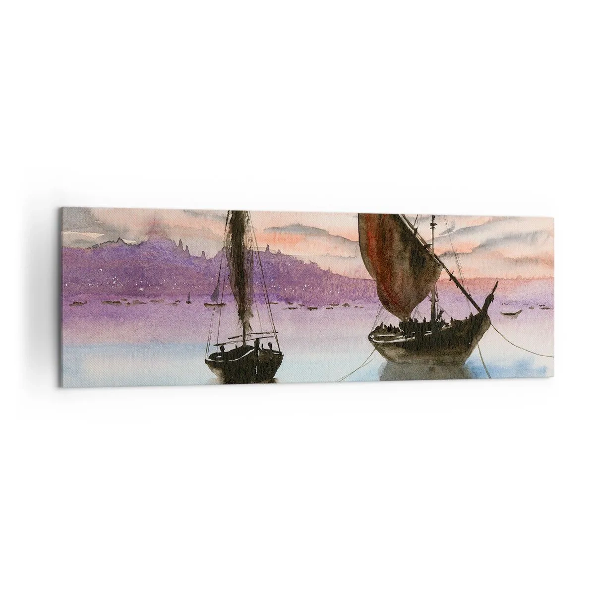 Quadro su tela - Stampe su Tela - Due velieri ormeggiati in acque calme al tramonto - 160x50cm - La sera nel porto - Decorazione murale moderna per soggiorno e camera da letto ARTTOR