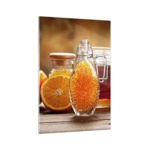 Quadro su vetro - Una bottiglia di liquido ambrato e arance fresche - 70x100cm - Il gusto e l'aroma del sole - Decorazione murale moderna per soggiorno e camera da letto ARTTOR