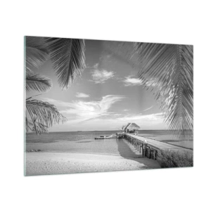 Quadro su vetro - Ripresa in bianco e nero di una spiaggia tropicale con un molo - 100x70cm - Un ricordo o un sogno? - Decorazione murale moderna per soggiorno e camera da letto ARTTOR