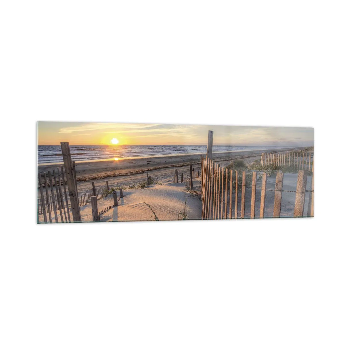 Quadro su vetro - Spiaggia al tramonto con recinzione in legno - 160x50cm - Luci e ombre del vento - Decorazione murale moderna per soggiorno e camera da letto ARTTOR