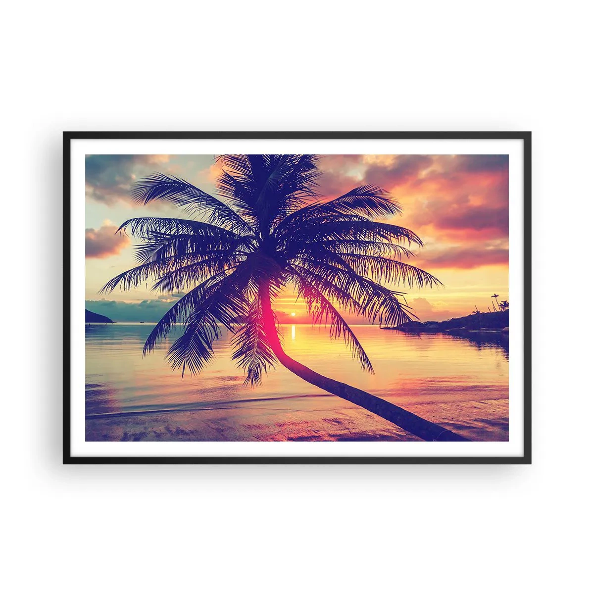 Poster in cornice nera - Tramonto con una palma su una riva tranquilla - 100x70cm - Sera sotto le palme - Decorazione murale moderna per soggiorno e camera da letto ARTTOR