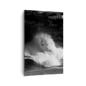 Quadro su tela - Stampe su Tela - Un surfista che cavalca un'onda in bianco e nero - 80x120cm - Sfida accettata! - Decorazione murale moderna per soggiorno e camera da letto ARTTOR