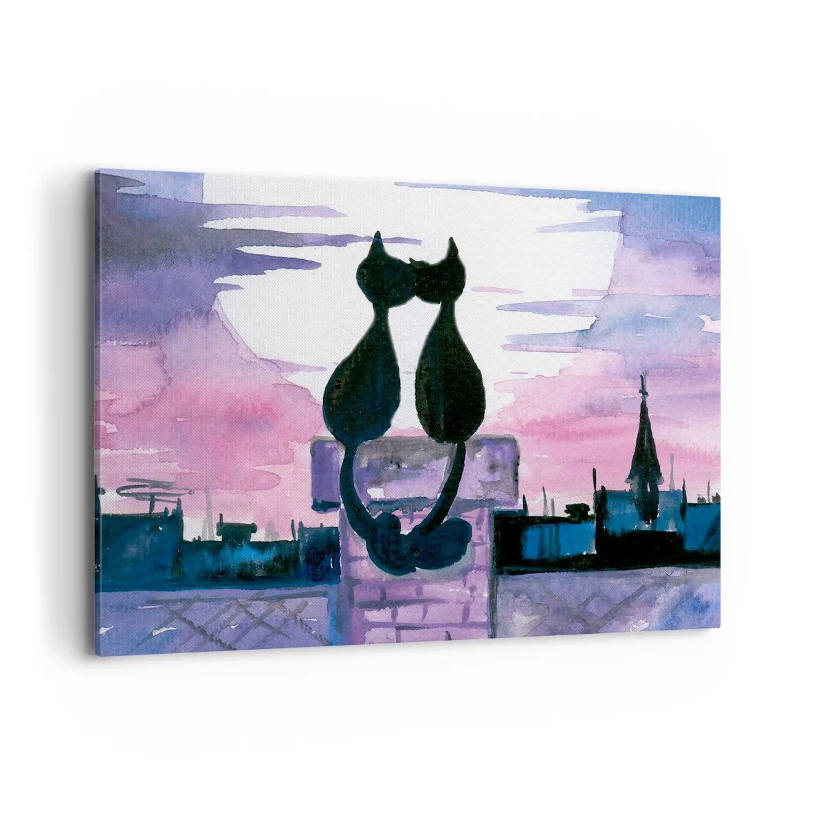 Quadro su tela - Stampe su Tela - Gatti neri su un tetto al chiaro di luna in un ambiente acquerello - 100x70cm - Appuntamento sotto la luna - Decorazione murale moderna per soggiorno e camera da letto ARTTOR