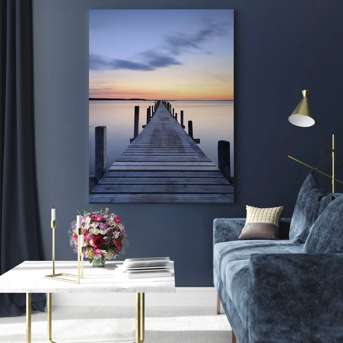 Quadro su vetro - Molo di legno sul lago al tramonto - 80x120cm - La calma di un dolce tramonto - Decorazione murale moderna per soggiorno e camera da letto ARTTOR