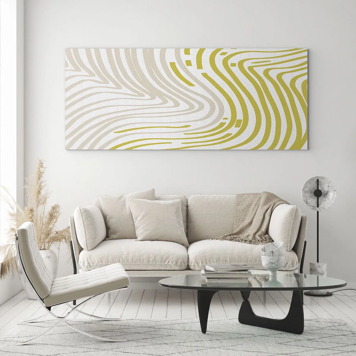 Quadro su vetro - Un motivo astratto con linee ondulate nelle tonalità del giallo e del beige. - 160x50cm - Composizione con lieve deflessione - Decorazione murale moderna per soggiorno e camera da letto ARTTOR