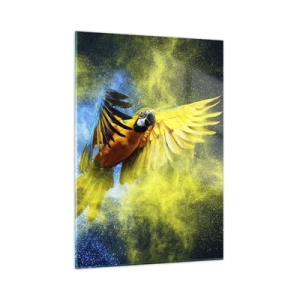 Quadro su vetro - Un pappagallo colorato in volo su uno sfondo giallo e blu - 50x70cm - Nella polvere gialla e blu - Decorazione murale moderna per soggiorno e camera da letto ARTTOR