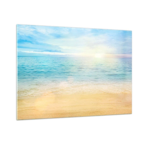Quadro su vetro - Una spiaggia soleggiata con mare e cielo azzurri - 100x70cm - Il grande blu - Decorazione murale moderna per soggiorno e camera da letto ARTTOR