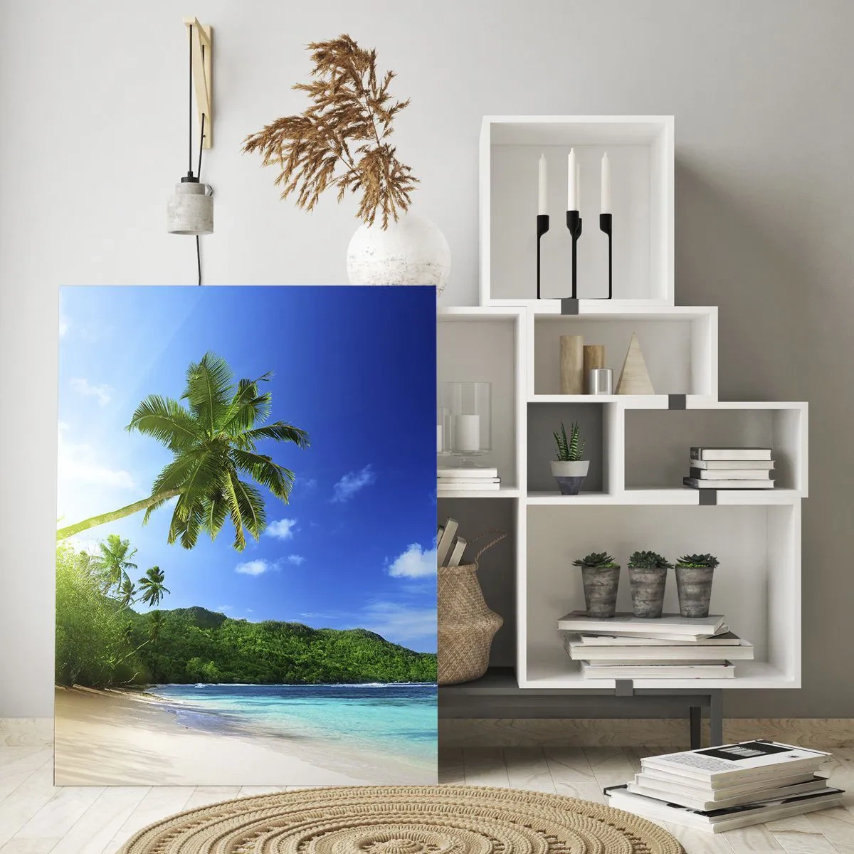 Quadro su vetro - Spiaggia tropicale con palme e acqua cristallina - 50x70cm - Il lieve tocco dei tropici - Decorazione murale moderna per soggiorno e camera da letto ARTTOR