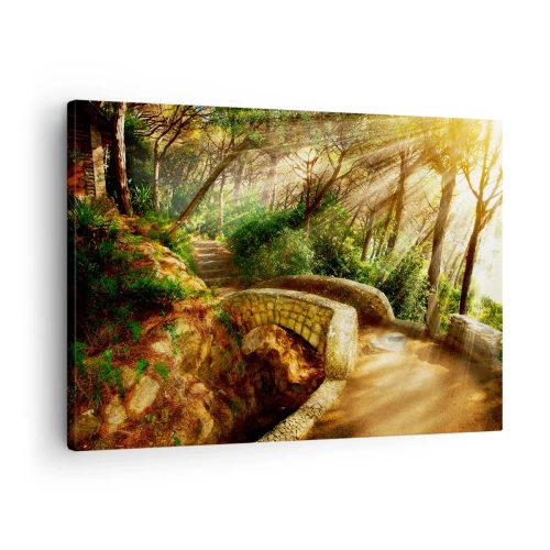 Quadro su tela - Stampe su Tela - Paesaggio forestale con raggi di sole e un ponte di pietra - 70x50cm - Dal ponte direttamente nel bosco delle fiabe - Decorazione murale moderna per soggiorno e camera da letto ARTTOR