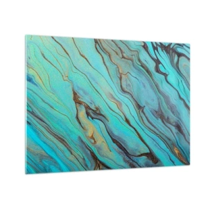Quadro su vetro - Striature astratte in turchese e oro - 70x50cm - Marea turchese - Decorazione murale moderna per soggiorno e camera da letto ARTTOR