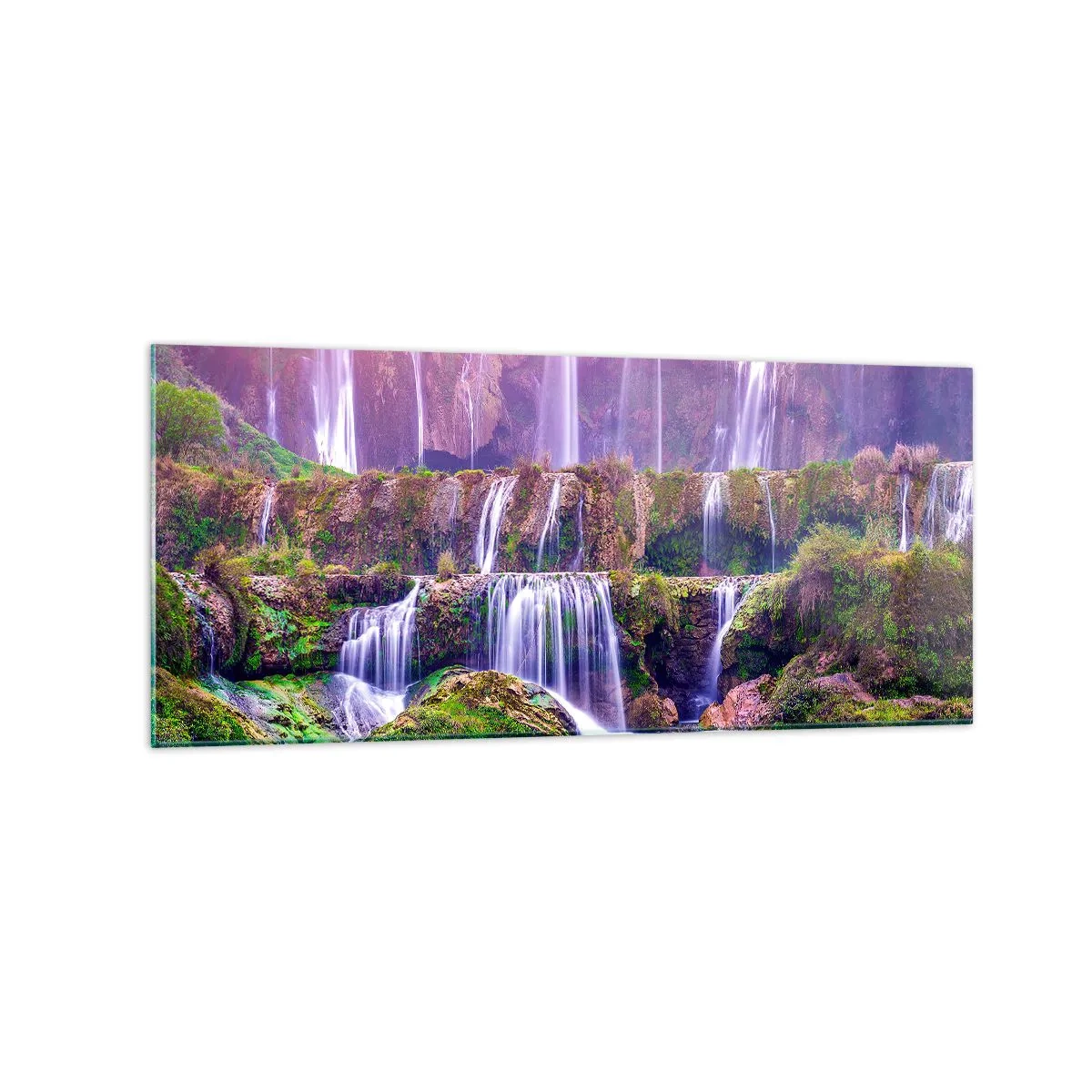 Quadro su vetro - Cascate immerse nel verde con luci pastello - 120x50cm - La scala verso il cielo - Decorazione murale moderna per soggiorno e camera da letto ARTTOR