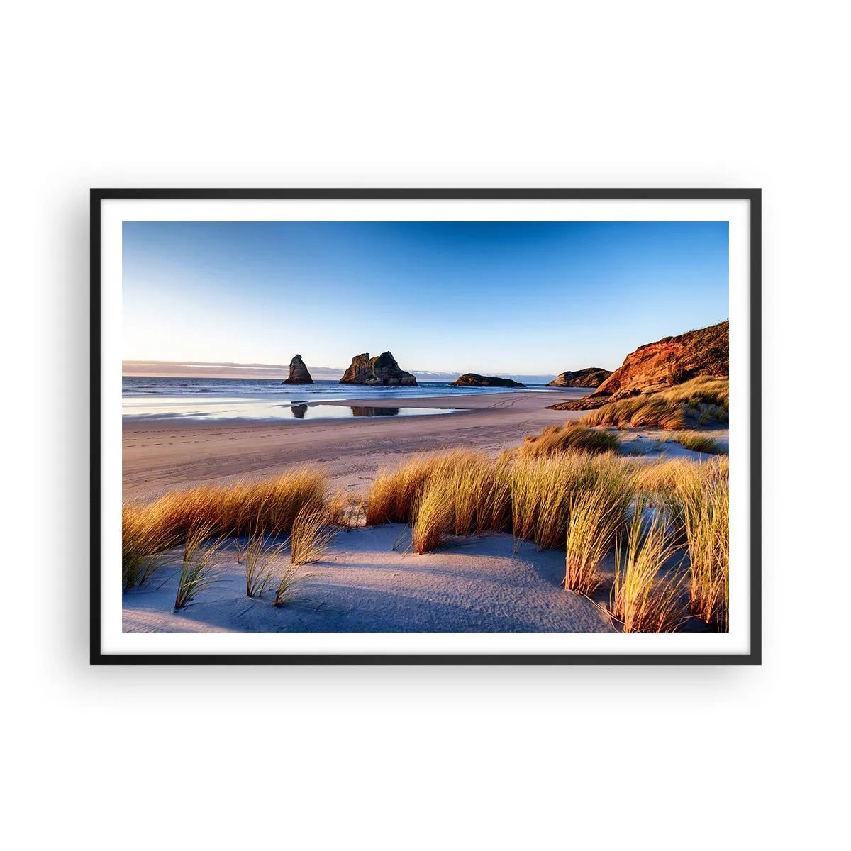 Poster in cornice nera - Una spiaggia pittoresca con vista sulle rocce e sul mare al tramonto - 100x70cm - Per i cercatori di pace - Decorazione murale moderna per soggiorno e camera da letto ARTTOR