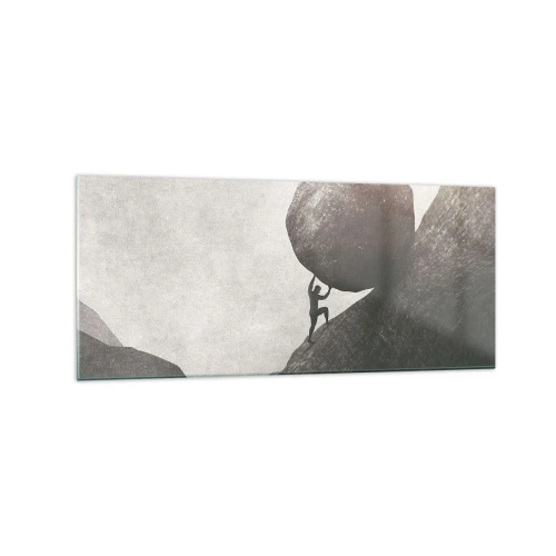 Quadro su vetro - Un uomo che scala un enorme masso su una collina - 120x50cm - Credo contro ogni speranza - Decorazione murale moderna per soggiorno e camera da letto ARTTOR