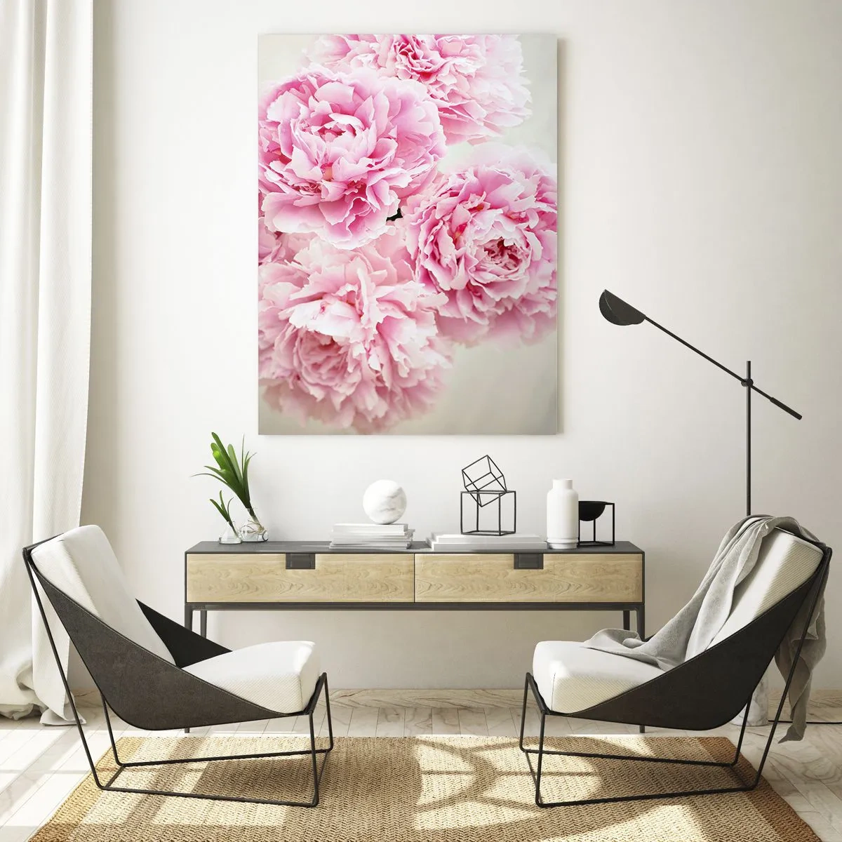 Quadro su vetro - Un bouquet di peonie rosa su uno sfondo chiaro - 80x120cm - Nel fasto rosa - Decorazione murale moderna per soggiorno e camera da letto ARTTOR