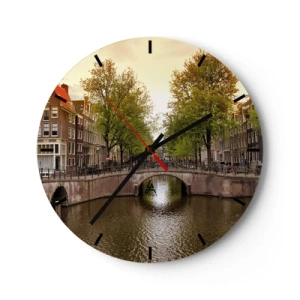 Orologio da parete - Orologio in Vetro - Canale con ponte e case popolari ad Amsterdam - 30x30cm - In barca o in bicicletta? - Decorazione murale moderna per soggiorno, cucina e camera da letto ARTTOR