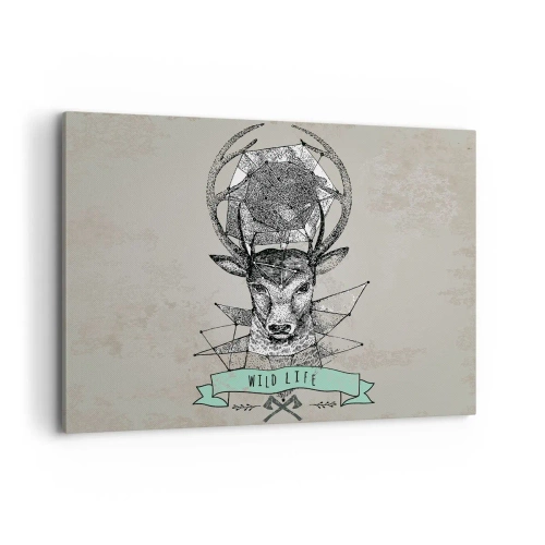Quadro su tela - Stampe su Tela - Geometria di cervo in stile vintage con scritta Wild Life - 100x70cm - La visione di Sant'Uberto - Decorazione murale moderna per soggiorno e camera da letto ARTTOR