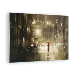Quadro su vetro - Persona con ombrello rosso nella luce piovosa della città di notte - 70x50cm - Sola ma non solitaria - Decorazione murale moderna per soggiorno e camera da letto ARTTOR