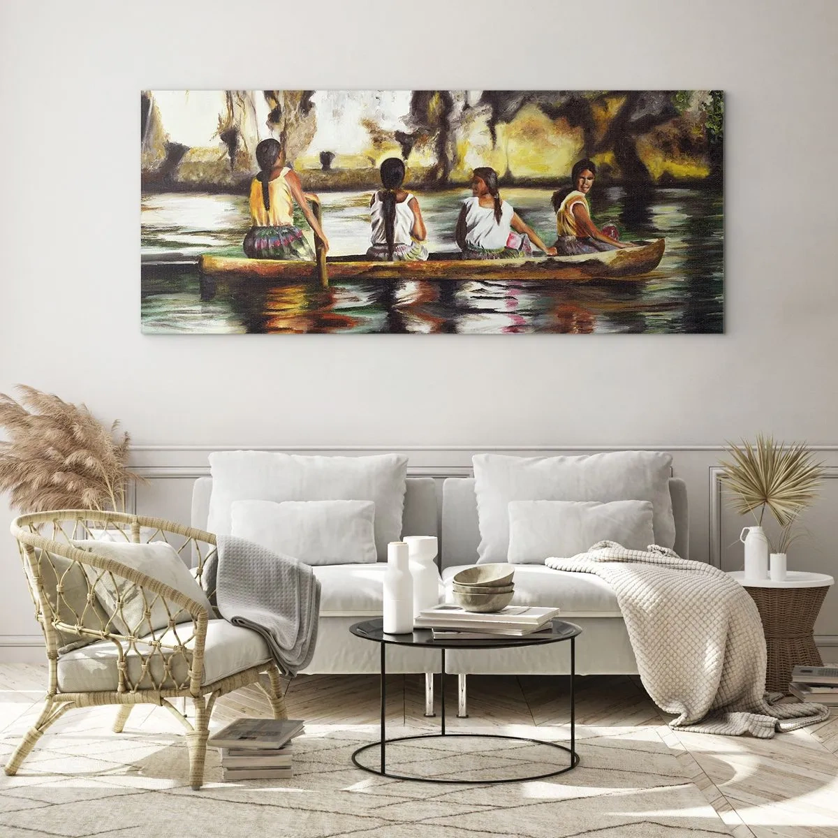 Quadro su vetro - Donne in barca su un fiume calmo con uno sfondo pittoresco - 140x50cm - Nel paradiso della Polinesia - Decorazione murale moderna per soggiorno e camera da letto ARTTOR