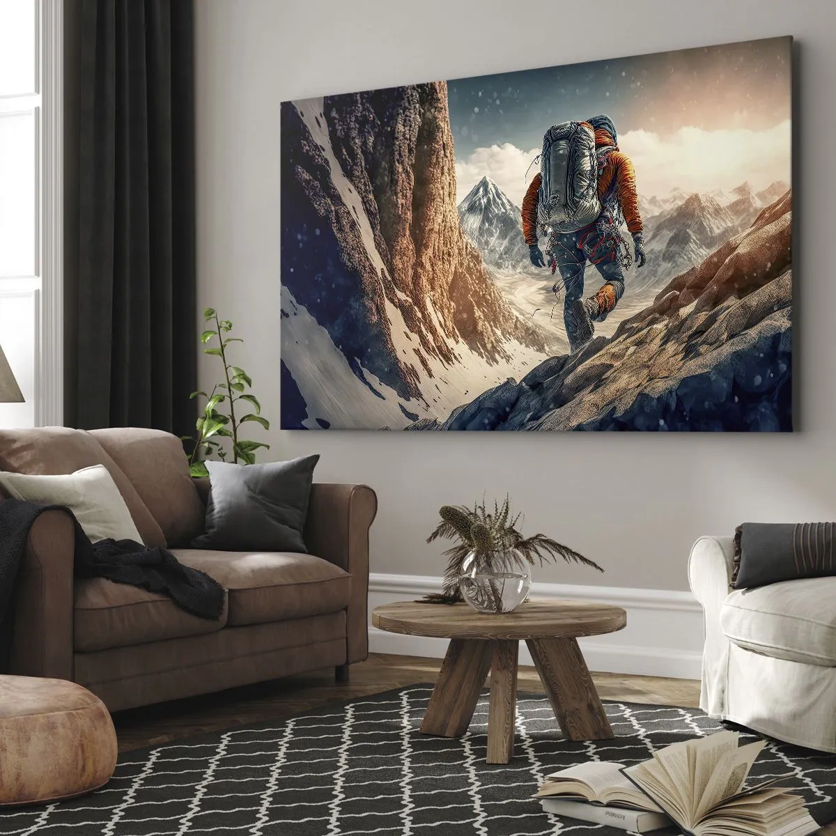 Quadro su tela - Stampe su Tela - Uno scalatore su un sentiero di montagna in un paesaggio invernale - 70x50cm - Guerriero solitario - Decorazione murale moderna per soggiorno e camera da letto ARTTOR