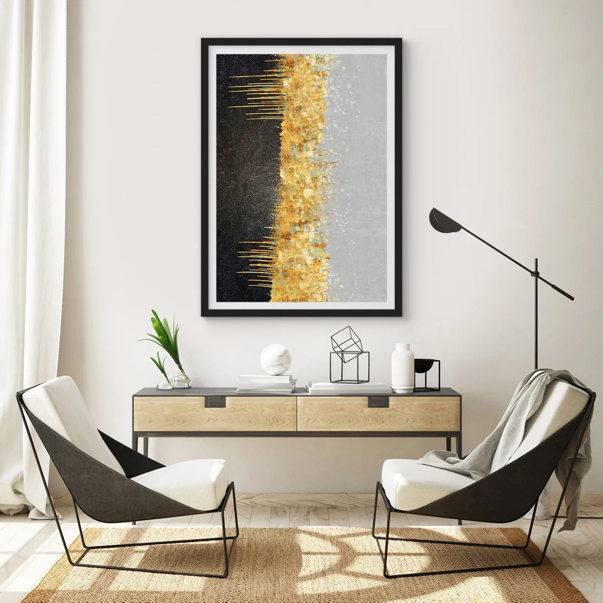 Poster in cornice nera - Composizione astratta di oro, nero e argento - 50x70cm - Nel profondo e verso l'alto - Decorazione murale moderna per soggiorno e camera da letto ARTTOR