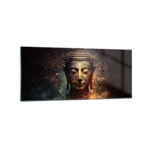 Quadro su vetro - Buddha dorato su sfondo scuro con ornamenti - 120x50cm - Equilibrio spirituale - Decorazione murale moderna per soggiorno e camera da letto ARTTOR