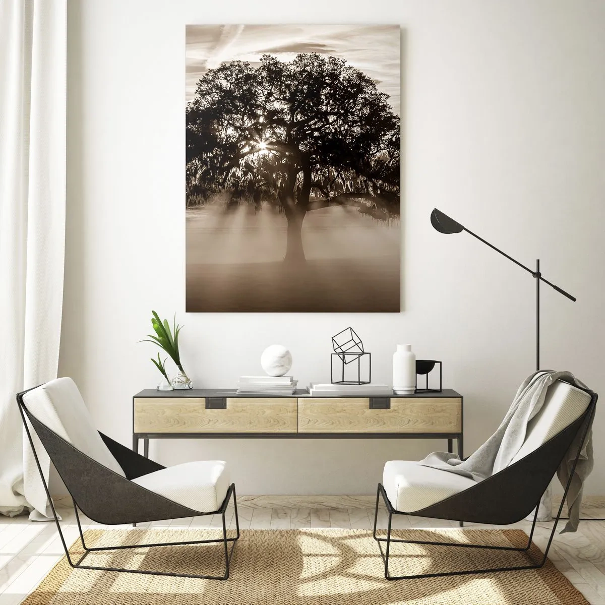 Quadro su vetro - Raggi di sole che brillano attraverso un albero solitario - 80x120cm - L'albero delle sole buone notizie - Decorazione murale moderna per soggiorno e camera da letto ARTTOR