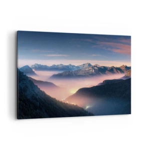 Quadro su tela - Stampe su Tela - Un paesaggio montano con una valle piena di nebbia - 100x70cm - La luce nelle valli - Decorazione murale moderna per soggiorno e camera da letto ARTTOR