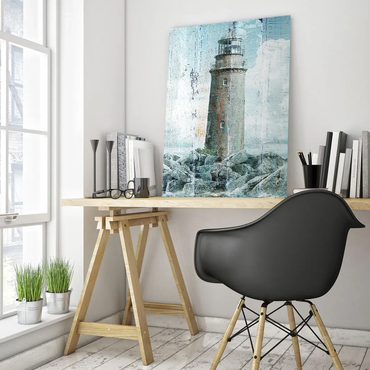 Quadro su vetro - Faro d'epoca con nuvole sullo sfondo - 50x70cm - Sul vecchio albero - Decorazione murale moderna per soggiorno e camera da letto ARTTOR