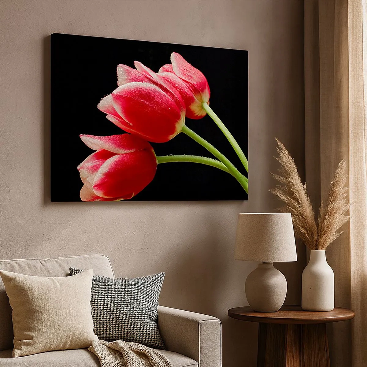 Quadro su tela - Stampe su Tela - Tulipani rossi con gocce di rugiada su sfondo nero - 70x50cm - Promessa di amore puro - Decorazione murale moderna per soggiorno e camera da letto ARTTOR