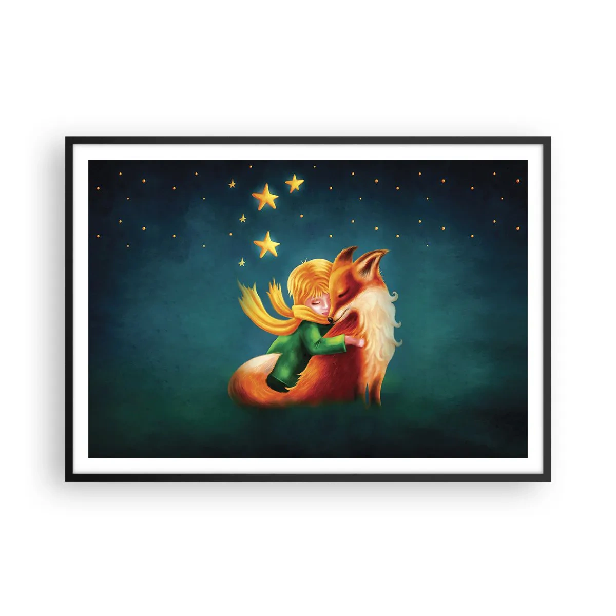 Poster in cornice nera - Un ragazzo con una volpe in un ambiente magico con le stelle - 100x70cm - Il piccolo principe - Decorazione murale moderna per soggiorno e camera da letto ARTTOR