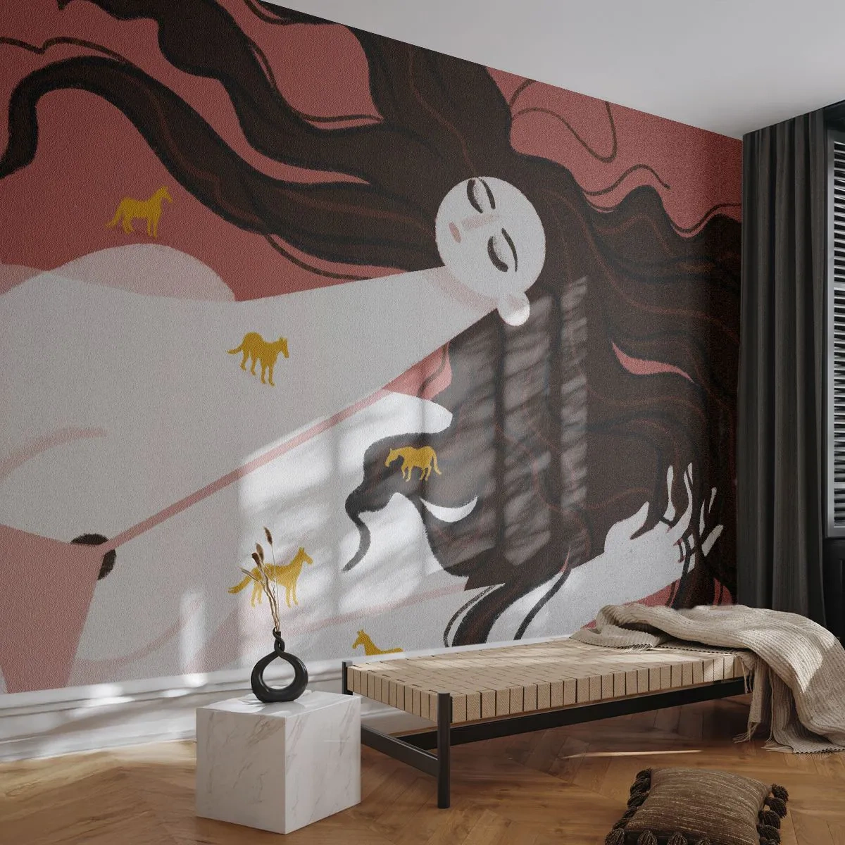 Fotomurali Standard Eco - Il sogno del cavallo d'oro - Donna, Ritratto, Minimalismo - 350x256 cm