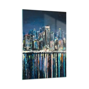 Quadro su vetro - Panorama della città di notte con le luci riflesse nell'acqua - 50x70cm - Cascata di luci - Decorazione murale moderna per soggiorno e camera da letto ARTTOR