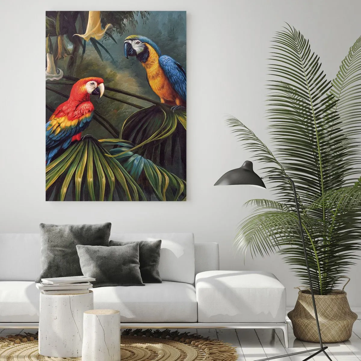 Quadro su vetro - Pappagalli in una foresta tropicale con fiori esotici sullo sfondo - 70x100cm - Romanticità ai tropici - Decorazione murale moderna per soggiorno e camera da letto ARTTOR