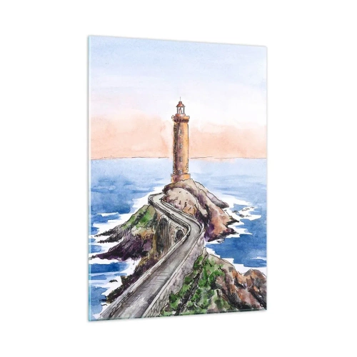 Quadro su vetro - Un faro su un promontorio roccioso circondato da un mare calmo - 50x70cm - Rivolto verso il mare - Decorazione murale moderna per soggiorno e camera da letto ARTTOR