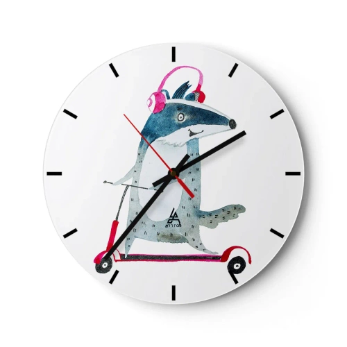 Orologio da parete - Orologio in Vetro - Tasso con le cuffie su uno scooter nello stile di un'illustrazione per bambini - 30x30cm - Tassi di gioia - Decorazione murale moderna per soggiorno, cucina e camera da letto ARTTOR