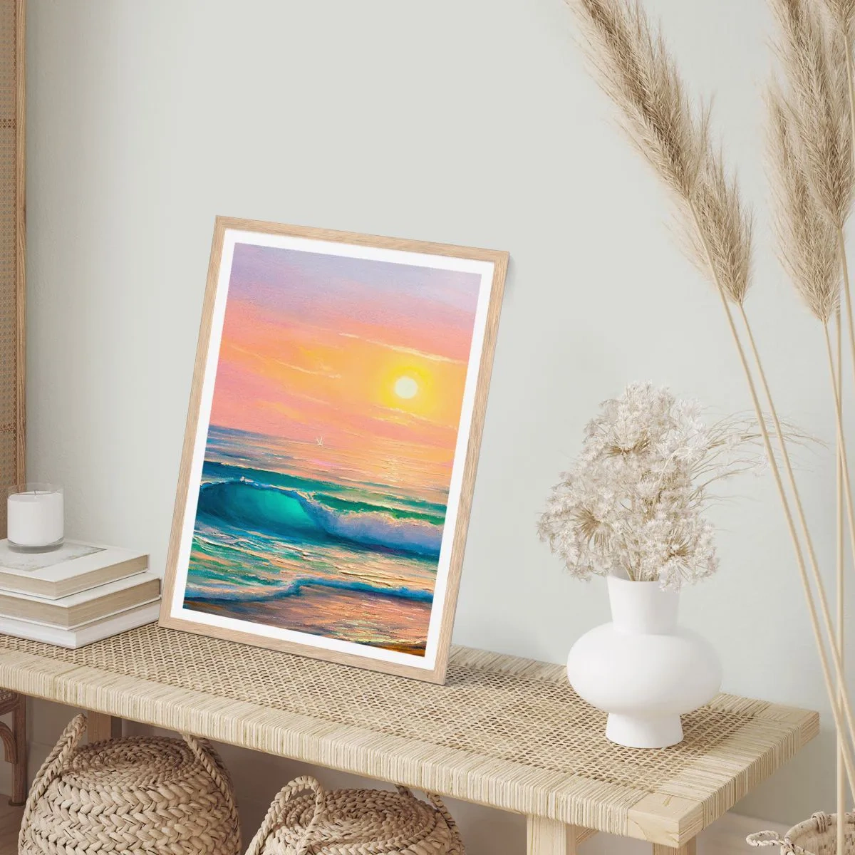 Poster in cornice rovere chiaro - Il canto turchese delle onde - 30x40 cm