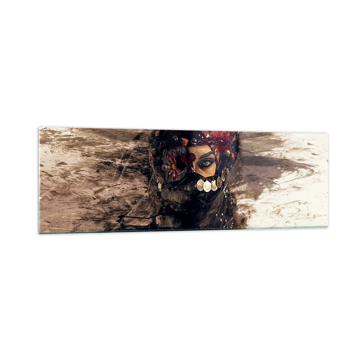 Quadro su vetro - Ritratto artistico di una donna in abiti orientali su uno sfondo astratto. - 160x50cm - Quantomeno inquietante - Decorazione murale moderna per soggiorno e camera da letto ARTTOR