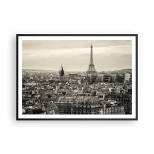 Poster in cornice nera - Panorama di Parigi con la Torre Eiffel in tonalità seppia - 100x70cm - Sui tetti di Parigi - Decorazione murale moderna per soggiorno e camera da letto ARTTOR