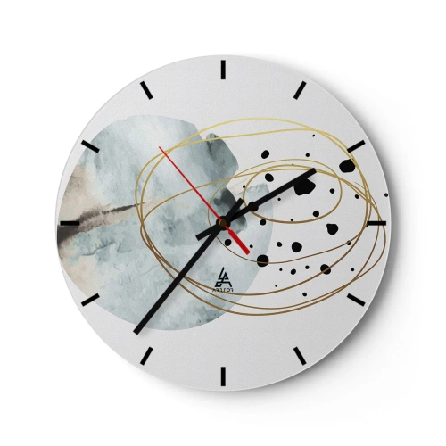 Orologio da parete - Orologio in Vetro - Linee dorate astratte e punti neri su uno sfondo chiaro - 30x30cm - Nell'abbraccio dello spazio - Decorazione murale moderna per soggiorno, cucina e camera da letto ARTTOR