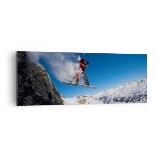 Quadro su tela - Stampe su Tela - Uno snowboarder salta da una roccia contro un paesaggio montano - 140x50cm - E diventi parte del panorama - Decorazione murale moderna per soggiorno e camera da letto ARTTOR