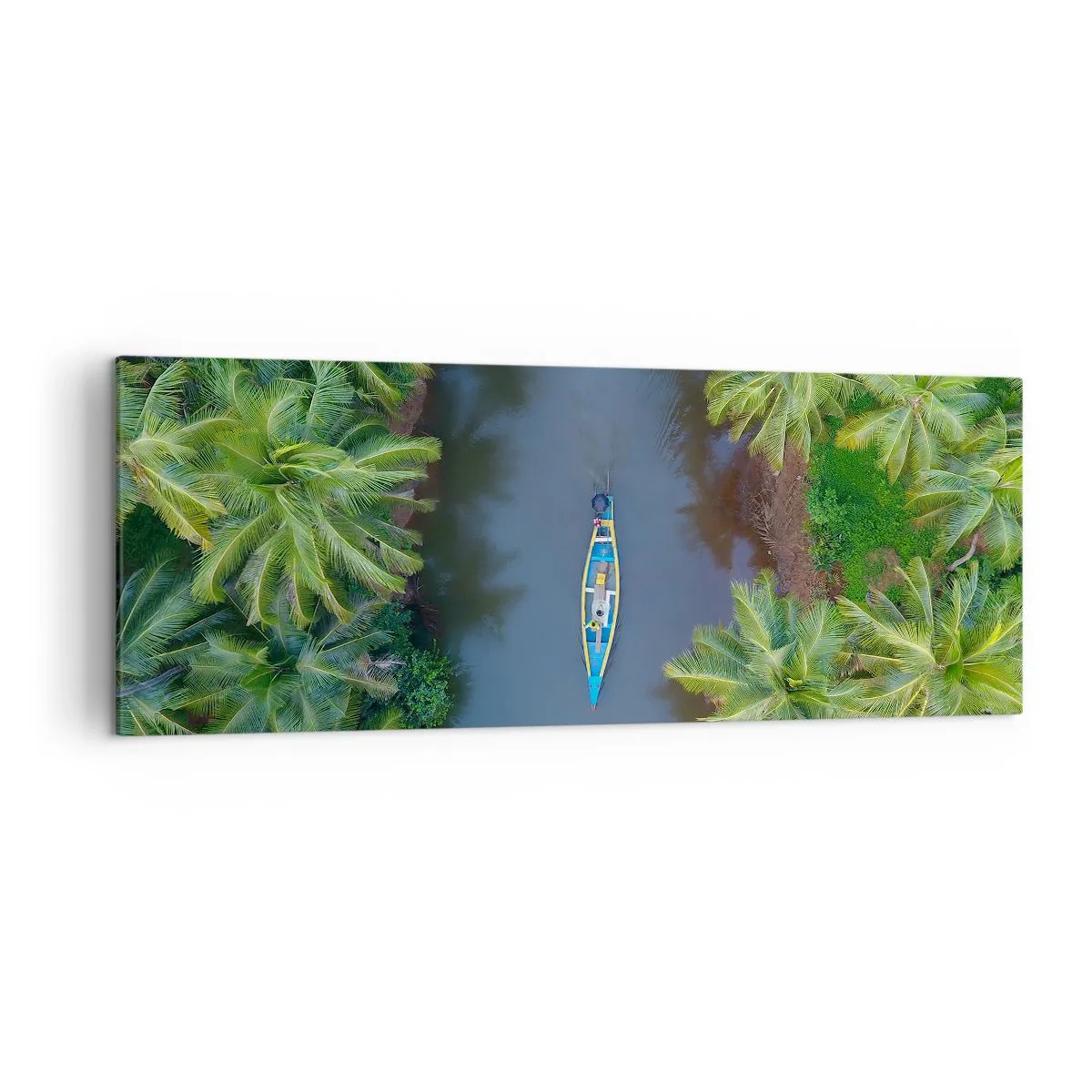 Quadro su tela - Stampe su Tela - Vista a volo d'uccello di una barca su un fiume circondata da palme - 140x50cm - Sul percorso tropicale - Decorazione murale moderna per soggiorno e camera da letto ARTTOR