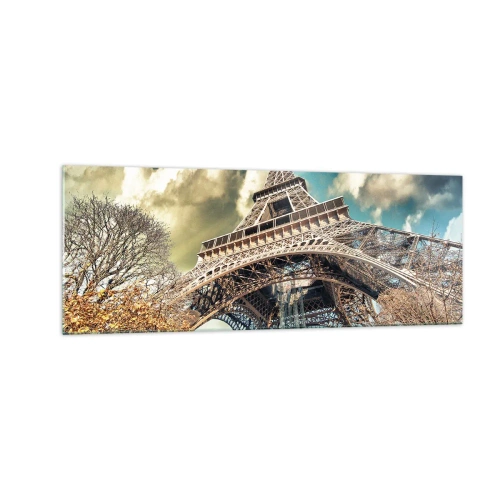 Quadro su vetro - La Torre Eiffel dal basso in un ambiente autunnale - 140x50cm - L'autunno a Parigi... - Decorazione murale moderna per soggiorno e camera da letto ARTTOR