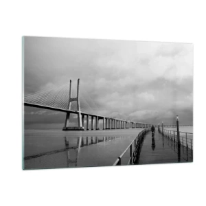 Quadro su vetro - Un ponte in un paesaggio monocromatico con un ciclista - 120x80cm - A ciascuno ciò che gli spetta - Decorazione murale moderna per soggiorno e camera da letto ARTTOR