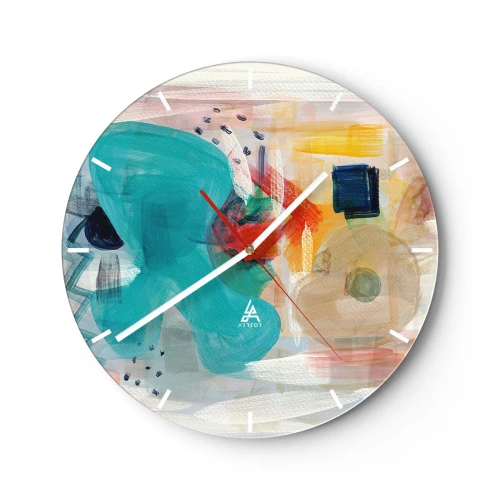 Orologio da parete - Orologio in Vetro - Macchie di colore astratte nelle tonalità del turchese, rosso e giallo - 30x30cm - Il gioco dei colori - Decorazione murale moderna per soggiorno, cucina e camera da letto ARTTOR