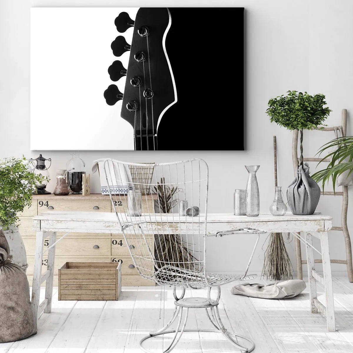 Quadro su tela - Stampe su Tela - Sagoma in bianco e nero della paletta di un basso - 70x50cm - Silenzio rock - Decorazione murale moderna per soggiorno e camera da letto ARTTOR