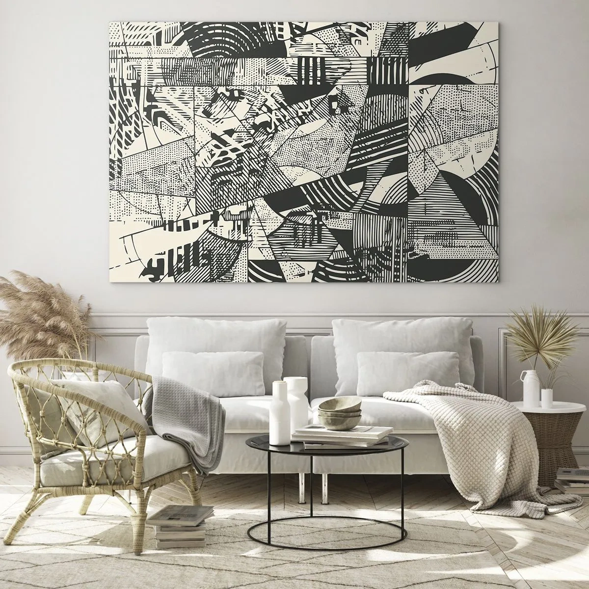 Quadro su vetro - Astrazione in bianco e nero con motivi geometrici dinamici - 100x70cm - Dinamica della contemporaneità - Decorazione murale moderna per soggiorno e camera da letto ARTTOR