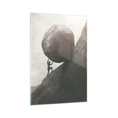 Quadro su vetro - Un uomo che scala un enorme masso su una collina - 70x100cm - Credo contro ogni speranza - Decorazione murale moderna per soggiorno e camera da letto ARTTOR